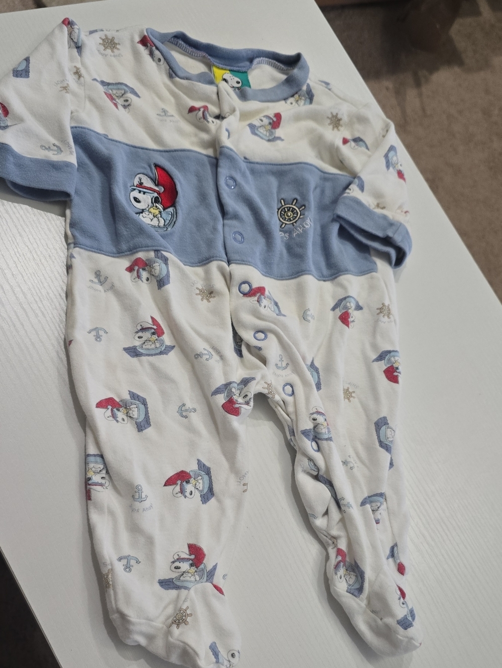 Vintage Baby Snoopy Button Up Pajama. Used. 6-9 Months. Flaws & Stain.
